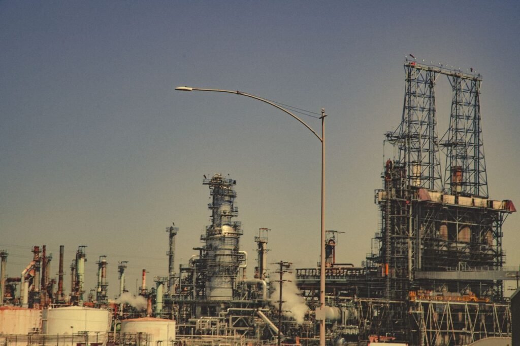 Chemical and petrochemical plant with pipes and process towers